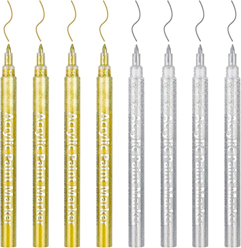 DONQL 8Pcs Acrylfarbe Stift 0.7mm Metallic Permanent Acryl Marker Set Gold Silber Glas Glitter Farbe Stifte für Stoff Glas Rock Holz Keramik Leder (4gold+4silber) von DONQL