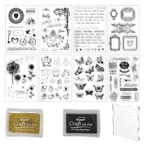 DONQL 8 Silikonstempel Set mit 2 Stempelkissen, Silikon Stempel mit Acrylblock, Stempel Sprüche Deutsch Clear Stamps, Silikon Stempelset zum DIY Hochzeitseinladung Weihnachten Journal Scrapbooking von DONQL