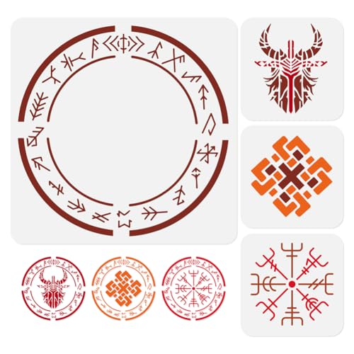 DOODLREAM Wikinger-Schablonen aus Kunststoff, wiederverwendbar, Vegvisir-Schablonen zum Malen auf Wänden, Böden, Stoff, Möbeln, Glas, 4 Stück von DOODLREAM