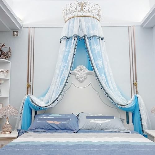 DOREVIA Betthimmelvorhänge Moskitonetz fürs Bett, einfarbig, Netzstoff, Bettvolant, Krone, for Aufhängen, Nachttischvorhang, doppellagige Netzspitzendekoration(Blue,1.35m (4.5 feet) Bed) von DOREVIA