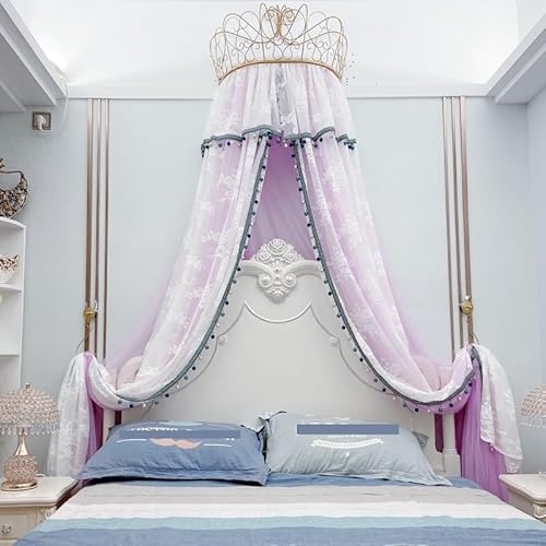 DOREVIA Betthimmelvorhänge Moskitonetz fürs Bett, einfarbig, Netzstoff, Bettvolant, Krone, for Aufhängen, Nachttischvorhang, doppellagige Netzspitzendekoration(Purple,1.5m (5 feet) Bed) von DOREVIA