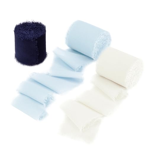 Doris Home Handmade Fringe Chiffon Silk-Like Ribbon 2" x 7Yd Set of 3 Rolls Ribbons for Wedding Invitations, Bouquets, Gift Wrapping (Dark Navy Blue/Baby Blue/Ivory) von DORIS HOME