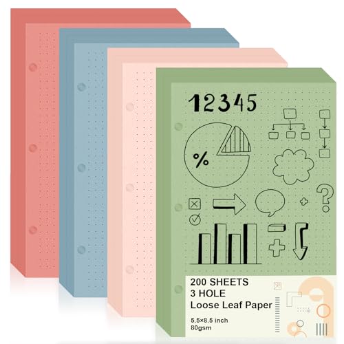 200 Blatt Halbbuchstaben 3-Loch-Notizbuch, Punktrasterpapier, 14,7 x 21,6 cm, lose Blätter für Mini-Binder, farbiges gepunktetes Grafikpapier, Großpackung, gepunktetes Papier, Nachfüllpackungen für von DOSTATNI