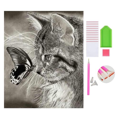 DOUKOYEE Diamond Painting für Erwachsene Kinder DIY 5D Diamant Painting Blume Tiere Katze Landschaft Dinosaurier Malen nach Zahlen Diamant Anfänger Home Wall Decor 30x40cm (D-Katze&Schmetterling) von DOUKOYEE