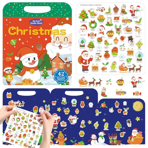 DOWNDRIFT Stickerbuch Weihnachten Spielzeuge Wiederverwendbare wasserdichte Stickerbuch für Kinder 42 Stück Stickerbuch Wiederverwendbar 3D Kleinkinder Sticker Stickerbuch ab 2-6 Jahre Geschenke von DOWNDRIFT