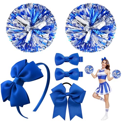 Cheerleader Pompons,6 Stück Pompons Cheerleader Blau Cheerleader Pompons Handblumen mit Handle,Cheerleading Pompoms+Haarband Cheerleader Pom Poms Cheerleader Kostüm Zubehör Damen Kinder von DOWNDRIFT