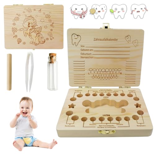 DOWNDRIFT Milchzahndose,Zahndose Milchzähne Mädchen Zahnfee Geschenke Mädchen Zahnbox Holz Milchzähne Box Zahnbox für Mädchen Zahnbox Aufbewahrungsbox für Baby-Einhorn von DOWNDRIFT