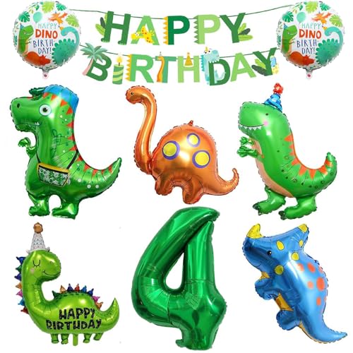 DOWNDRIFT Dino Geburtstag Deko,Geburtstagsdeko 4 Jahr Jungen Folienballon Zahlenballon 4, Geburtstag Deko Dino Kindergeburtstag,für Dino Party Dschungel Party Kinder von DOWNDRIFT