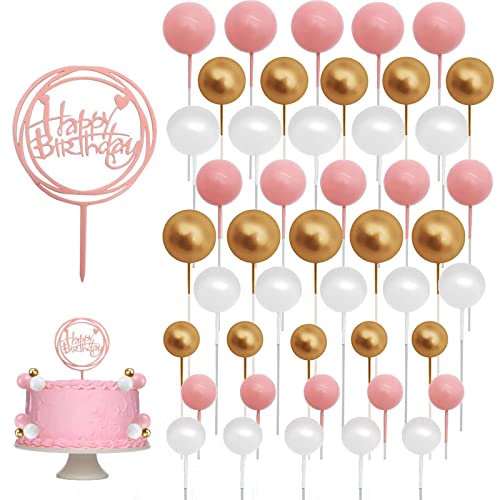 DOYUKY 46 Stück Kuchen Dekoration Kugel, Tortendeko Kugeln mit Happy Birthday Cake Topper, Schaumkugeln Cupcake Topper, DIY Kuchen Topper zum Geburtstag Hochzeitstag (Weiß Gold Pink) von DOYUKY