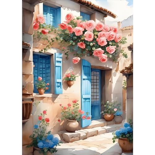 DPHERO 5D Diamond Painting Innenhof Diamant Painting Bilder Rose Blumen Diamond Kunst Erwachsene Haus Diamond Painting Bilder Diamant Bilder Kinder DIY Cross Stickerei Malerei Kits Wand Dekor 30x40cm von DPHERO