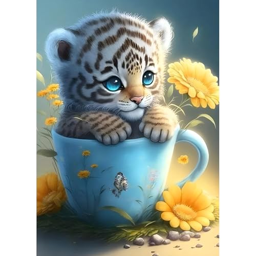 DPHERO DIY Baby Tiger Diamant Painting Bilder für Erwachsene Anfänger,5D Tasse Diamond Painting Set,DIY Runde Steine Blumen Diamant Kunst Kits, Tiger Diamant Painting für Zuhause Dekor 30x40 cm von DPHERO