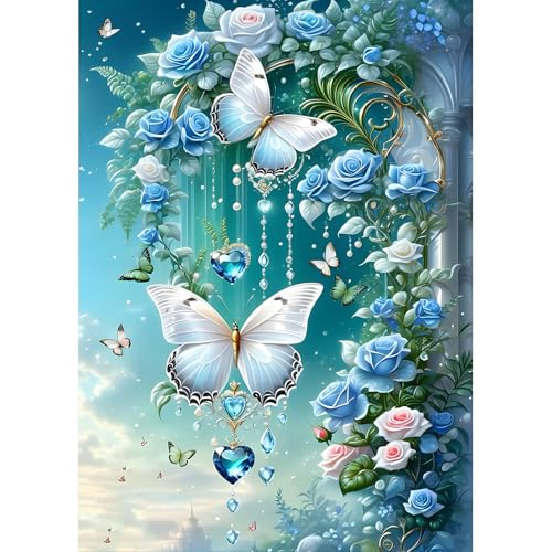 DPHERO DIY Blaue Rose Diamant Painting Bilder für Erwachsene Anfänger,5D Schmetterling Diamond Painting Set,DIY Blumen Runde Steine Diamant Kunst Kits, Diamant Painting für Zuhause Dekor 30x40 cm von DPHERO