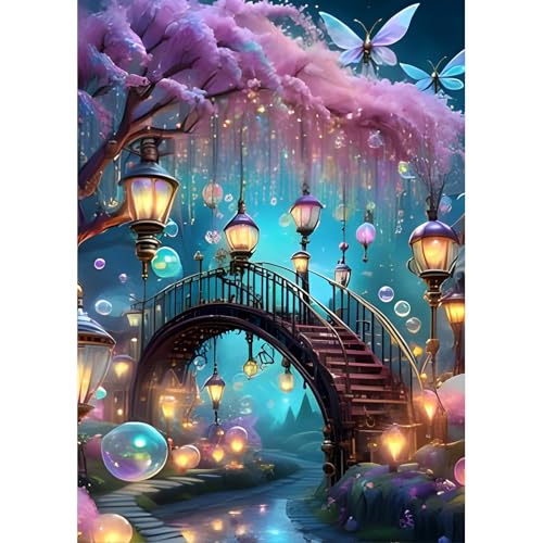 DPHERO DIY Brücke Diamant Painting Bilder für Erwachsene Anfänger,5D Baum Diamond Painting Set,DIY Straßenlaternen Runde Steine Diamant Kunst Kits, Diamant Painting für Zuhause Dekor 30x40 cm von DPHERO