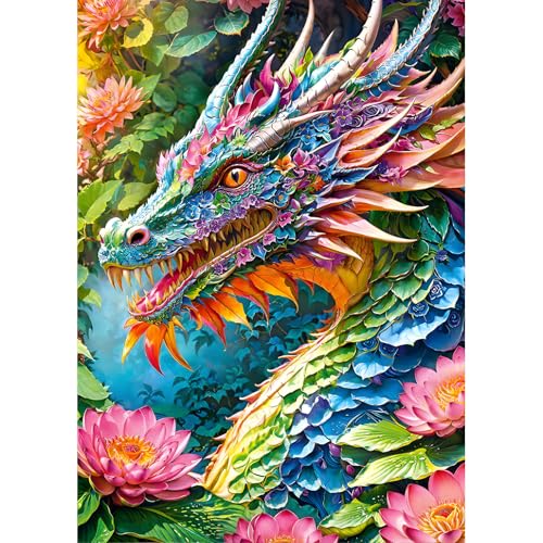 DPHERO DIY Bunter Drache Diamant Painting Bilder für Erwachsene Anfänger,5D Lotus Diamond Painting Set,DIY Blumen Runde Steine Diamant Kunst Kits, Diamant Painting für Zuhause Dekor 30x40 cm von DPHERO