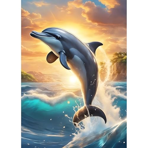 DPHERO DIY Delphin Diamant Painting Bilder für Erwachsene Anfänger,5D Ozean Diamond Painting Set,DIY Sonnenuntergang Runde Steine Diamant Kunst Kits, Diamant Painting für Zuhause Dekor 30x40 cm von DPHERO