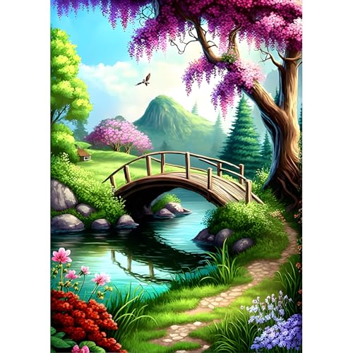 DPHERO DIY Frühling Diamant Painting Bilder für Erwachsene Anfänger,5D Brücke Diamond Painting Set,DIY Baum Runde Steine Diamant Kunst Kits, Diamant Painting für Zuhause Dekor 30x40 cm von DPHERO