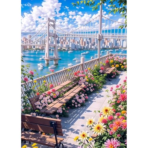 DPHERO DIY Garten Diamant Painting Bilder für Erwachsene Anfänger,5D Blumen Diamond Painting Set,DIY Runde Steine Fluss Brücke Diamant Kunst Kits, Diamant Painting für Zuhause Dekor 30x40 cm von DPHERO