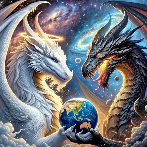 DPHERO DIY Gut und Böse Diamant Painting Bilder für Erwachsene Anfänger,5D Drache Diamond Painting Set,DIY Erde Runde Steine Diamant Kunst Kits, Diamant Painting für Zuhause Dekor 30x30 cm von DPHERO