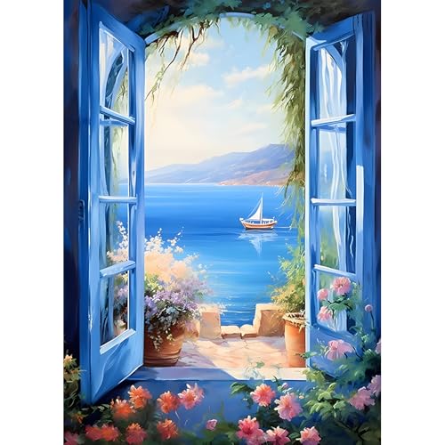 DPHERO DIY Haus am Meer Diamant Painting Bilder für Erwachsene Anfänger,5D Fenster Diamond Painting Set,DIY Runde Steine Blumen Diamant Kunst Kits,Haus Diamant Painting für Zuhause Dekor 30x40 cm von DPHERO