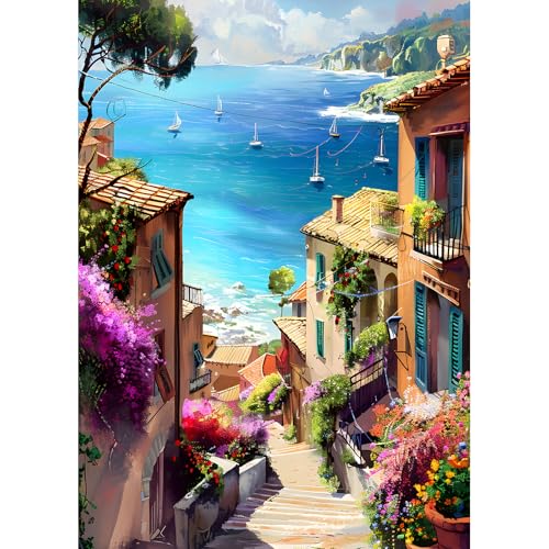 DPHERO DIY Haus am Meer Diamant Painting Bilder für Erwachsene Anfänger,5D Landschaft Diamond Painting Set,DIY Runde Steine Blumen Diamant Kunst Kits,Haus Diamant Painting für Zuhause Dekor 30x40 cm von DPHERO