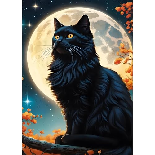 DPHERO DIY Heller Mond Diamant Painting Bilder für Erwachsene Anfänger,5D Schwarze Katze Diamond Painting Set,DIY Runde Steine Diamant Kunst Kits, Diamant Painting für Zuhause Dekor 30x40cm von DPHERO