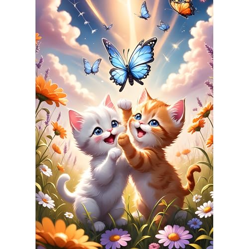 DPHERO DIY Kätzchen Diamant Painting Bilder für Erwachsene Anfänger,5D Blumen Diamond Painting Set,DIY Runde Steine Katze Diamant Kunst Kits, Schmetterling Diamant Painting für Zuhause Dekor 30x40 cm von DPHERO