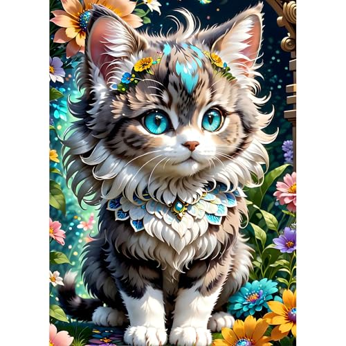 DPHERO DIY Kätzchen Diamant Painting Bilder für Erwachsene Anfänger,5D Fantasie Katze Diamond Painting Set,DIY Blumen Runde Steine Diamant Kunst Kits, Diamant Painting für Zuhause Dekor 30x40 cm von DPHERO