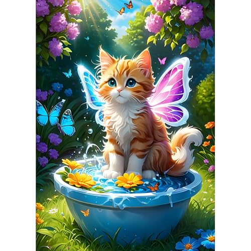 DPHERO DIY Katze Diamant Painting Bilder für Erwachsene Anfänger,5D Blumen Diamond Painting Set,DIY Runde Steine Schmetterling Diamant Kunst Kits,Fantasie Diamant Painting für Zuhause Dekor 30x40 cm von DPHERO