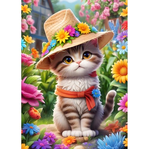 DPHERO DIY Katze im Hut Diamant Painting Bilder für Erwachsene Anfänger,5D Blumen Diamond Painting Set,DIY Runde Steine Kätzchen Diamant Kunst Kits, Diamant Painting für Zuhause Dekor 30x40 cm von DPHERO