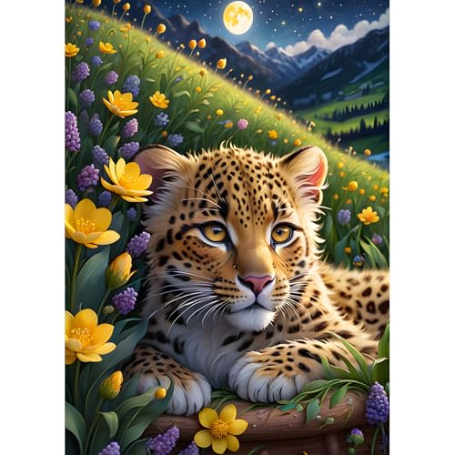 DPHERO DIY Leopard Diamant Painting Bilder für Erwachsene Anfänger,5D Mondnacht Diamond Painting Set,DIY Runde Steine Blumen Diamant Kunst Kits,Haus Diamant Painting für Zuhause Dekor 30x40 cm von DPHERO