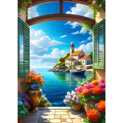 DPHERO DIY Meerblick Diamant Painting Bilder für Erwachsene Anfänger,5D Blumen Diamond Painting Set,DIY Runde Steine Haus Diamant Kunst Kits, Diamant Painting für Zuhause Dekor 30x40 cm von DPHERO