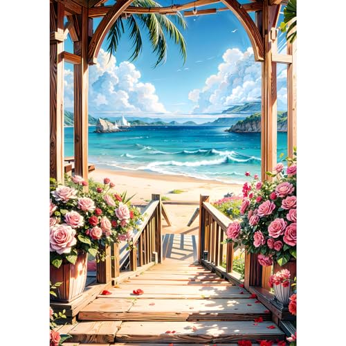 DPHERO DIY Meerblick Diamant Painting Bilder für Erwachsene Anfänger,5D Blumen Diamond Painting Set,DIY Runde Steine Strand am Meer Diamant Kunst Kits, Diamant Painting für Zuhause Dekor 30x40 cm von DPHERO