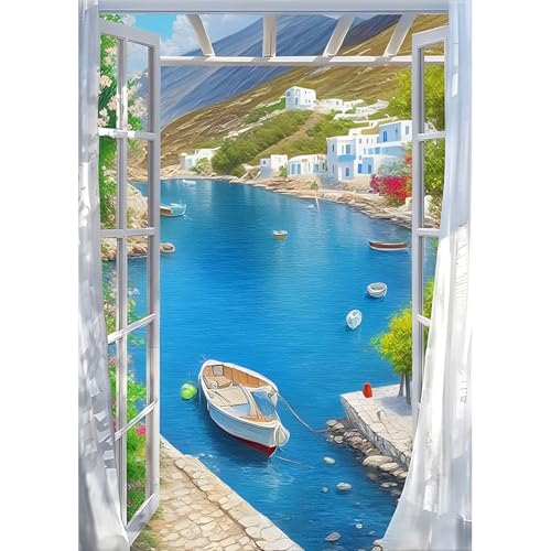 DPHERO DIY Meerblick Diamant Painting Bilder für Erwachsene Anfänger,5D Fenster Diamond Painting Set,DIY Runde Steine Boot Diamant Kunst Kits, Diamant Painting für Zuhause Dekor 30x40 cm von DPHERO