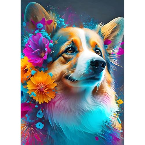 DPHERO DIY Niedlicher Corgi Diamant Painting Bilder für Erwachsene Anfänger,5D Hund Diamond Painting Set,DIY Runde Steine Diamant Kunst Kits,Blumen Diamant Painting für Zuhause Dekor 30x40 cm von DPHERO