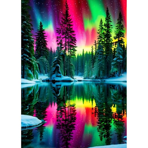 DPHERO DIY Nordlichter Diamant Painting Bilder für Erwachsene Anfänger,5D Spiegelung Diamond Painting Set,DIY Landschaft Runde Steine Diamant Kunst Kits, Diamant Painting für Zuhause Dekor 30x40cm von DPHERO