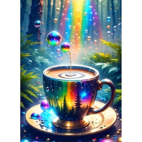 DPHERO DIY Regenbogen-Wald Diamant Painting Bilder für Erwachsene Anfänger,5D Kaffeetasse Diamond Painting Set,DIY Fantasie Runde Steine Diamant Kunst Kits, Diamant Painting für Zuhause Dekor 30x40cm von DPHERO