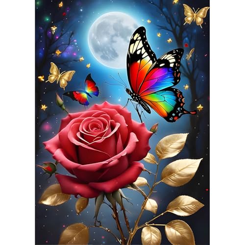 DPHERO DIY Rosen Diamant Painting Bilder für Erwachsene Anfänger,5D Schmetterling Diamond Painting Set,DIY Blumen Runde Steine Diamant Kunst Kits, Diamant Painting für Zuhause Dekor 30x40 cm von DPHERO