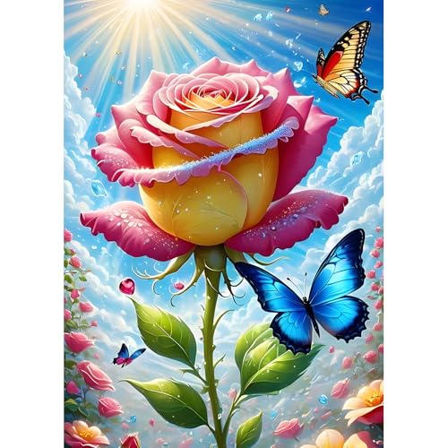 DPHERO DIY Rosenblüten Diamant Painting Bilder für Erwachsene Anfänger,5D Schmetterling Diamond Painting Set,DIY Runde Steine Diamant Kunst Kits,Blumen Diamant Painting für Zuhause Dekor 30x40 cm von DPHERO