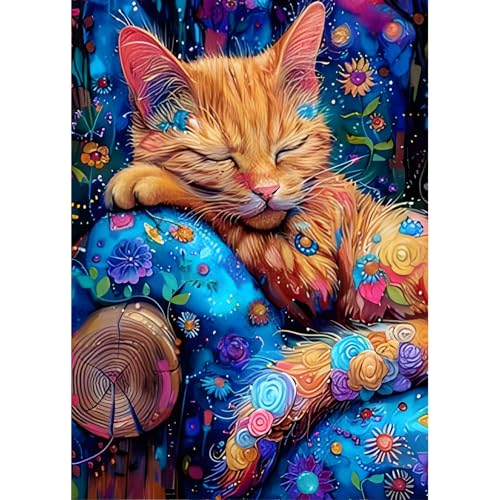 DPHERO DIY Schlafende Katze Diamant Painting Bilder für Erwachsene Anfänger,5D Kätzchen Diamond Painting Set,DIY Blumen Runde Steine Diamant Kunst Kits, Diamant Painting für Zuhause Dekor 30x40 cm von DPHERO