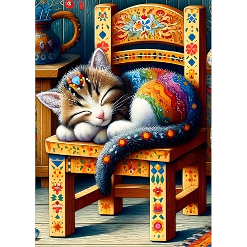 DPHERO DIY Schlafende Katze Diamant Painting Bilder für Erwachsene Anfänger,5D Weinlese Diamond Painting Set,DIY Stuhl Runde Steine Diamant Kunst Kits, Diamant Painting für Zuhause Dekor 30x40 cm von DPHERO