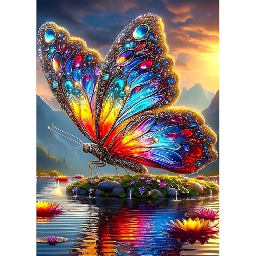 DPHERO DIY Schmetterling Diamant Painting Bilder für Erwachsene Anfänger,5D Fantasie Diamond Painting Set, Runde Steine Sonnenuntergang Diamant Kunst Kits, Diamant Painting für Zuhause Dekor 30x40 cm von DPHERO