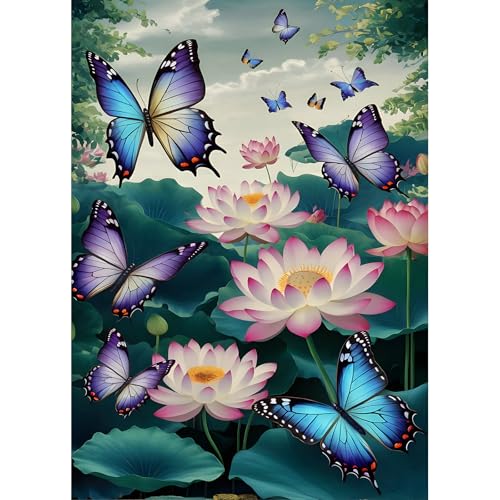 DPHERO DIY Schmetterling Diamant Painting Bilder für Erwachsene Anfänger,5D Lotus Blumen Diamond Painting Set,DIY Fantasie Runde Steine Diamant Kunst Kits, Diamant Painting für Zuhause Dekor 30x40 cm von DPHERO