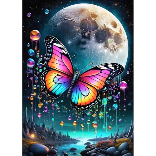 DPHERO DIY Schmetterling Diamant Painting Bilder für Erwachsene Anfänger,5D Mond Diamond Painting Set,DIY Traumland Runde Steine Diamant Kunst Kits, Diamant Art für Zuhause Dekor 30x40 cm von DPHERO