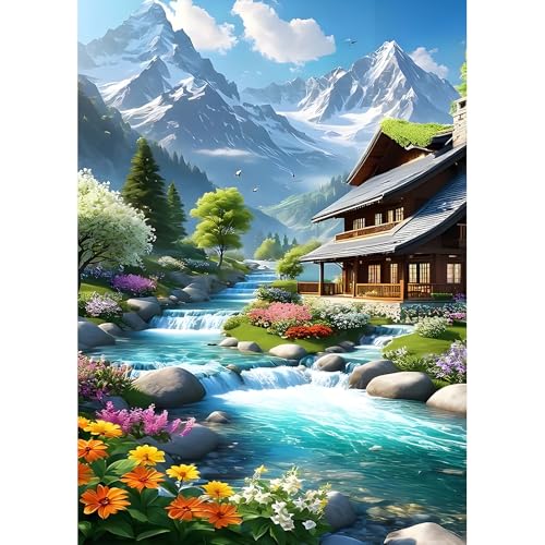 DPHERO DIY Schneeberg Diamant Painting Bilder für Erwachsene Anfänger,5D Blumen Diamond Painting Set,DIY Runde Steine Landschaft Diamant Kunst Kits,Haus Diamant Painting für Zuhause Dekor 30x40 cm von DPHERO