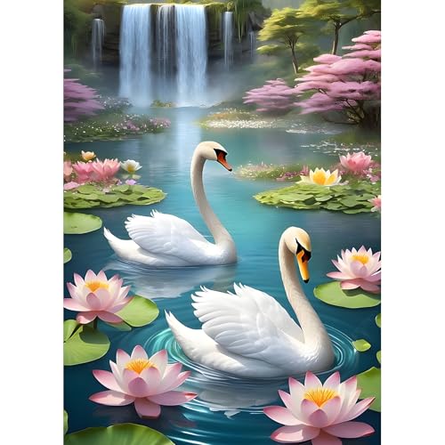 DPHERO DIY Schwan Diamant Painting Bilder für Erwachsene Anfänger,5D Wasserfall Diamond Painting Set,DIY Blumen Runde Steine Diamant Kunst Kits, Lotus Diamant Painting für Zuhause Dekor 30x40 cm von DPHERO