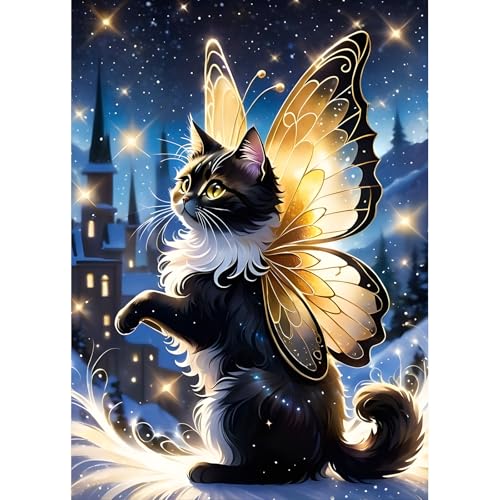 DPHERO DIY Schwarze Katze Diamant Painting Bilder für Erwachsene Anfänger,5D Kätzchen Diamond Painting Set,DIY Schmetterling Runde Steine Diamant Kunst Kits, Diamant Painting für Zuhause Dekor 30x40cm von DPHERO