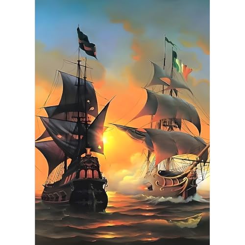 DPHERO DIY Segelboot Diamant Painting Bilder für Erwachsene Anfänger,5D Sonnenuntergang Diamond Painting Set,DIY Ozean Runde Steine Diamant Kunst Kits, Diamant Painting für Zuhause Dekor 30x40 cm von DPHERO