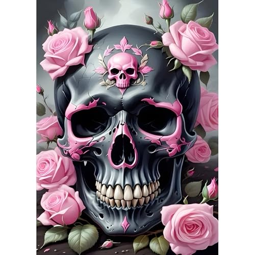 DPHERO DIY Totenkopf Diamant Painting Bilder für Erwachsene Anfänger,5D Rose Blumen Diamond Painting Set,DIY Horror Skelett Runde Steine Diamant Kunst Kits, Diamant Art für Zuhause Dekor 30x40 cm von DPHERO