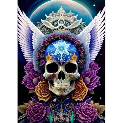 DPHERO DIY Totenkopf Diamant Painting Bilder für Erwachsene Anfänger,5D Skelett Diamond Painting Set,DIY Flügel Runde Steine Diamant Kunst Kits, Diamant Painting für Zuhause Dekor 30x40 cm von DPHERO