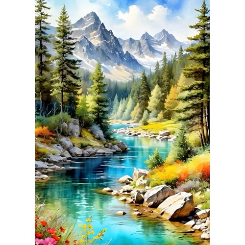 DPHERO DIY Verschneiter Berg Diamant Painting Bilder für Erwachsene Anfänger,5D Wald Diamond Painting Set,DIY Bach Runde Steine Diamant Kunst Kits, Diamant Art für Zuhause Dekor 30x40 cm von DPHERO